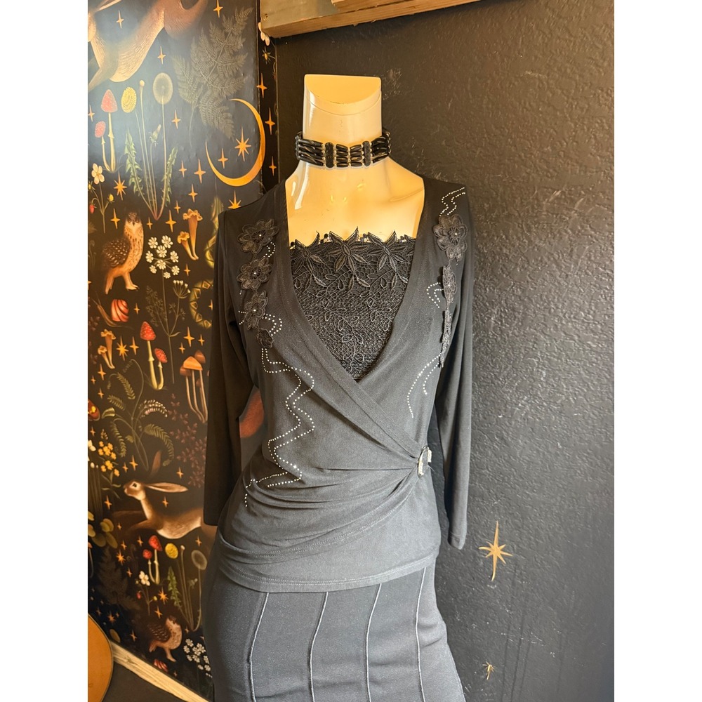 Black Lace Wrap Top Rhinestone Floral Applique Blouse